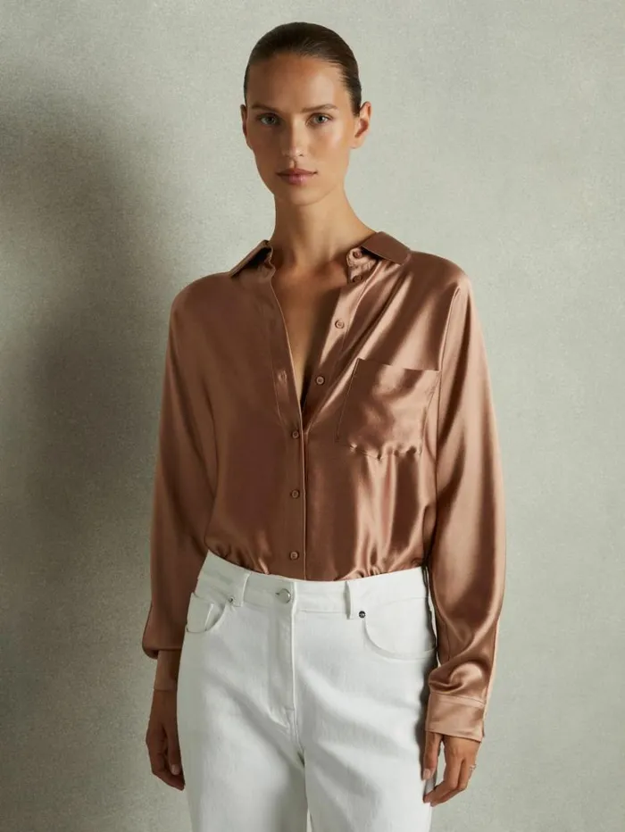 REISS Tops Women Silk Satin Grown On Sleeve Shirt Taupe