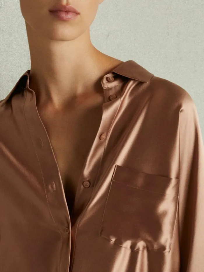 REISS Tops Women Silk Satin Grown On Sleeve Shirt Taupe