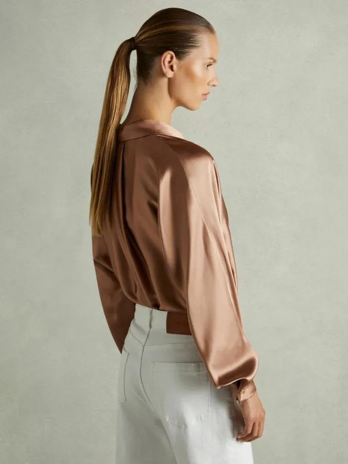 REISS Tops Women Silk Satin Grown On Sleeve Shirt Taupe