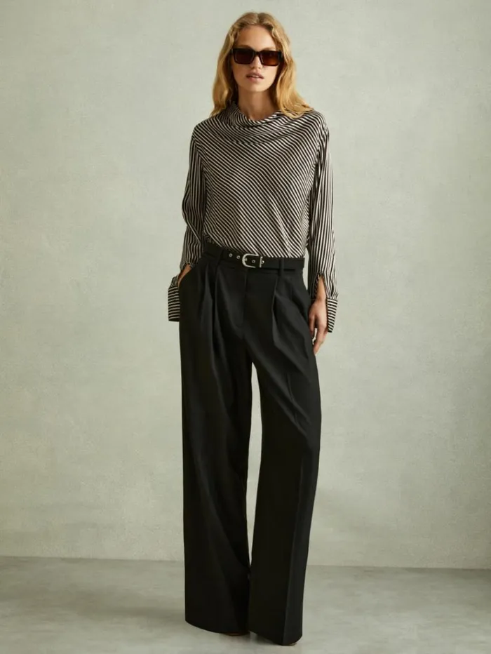REISS Tops Women Striped Cowl Neck Top Black