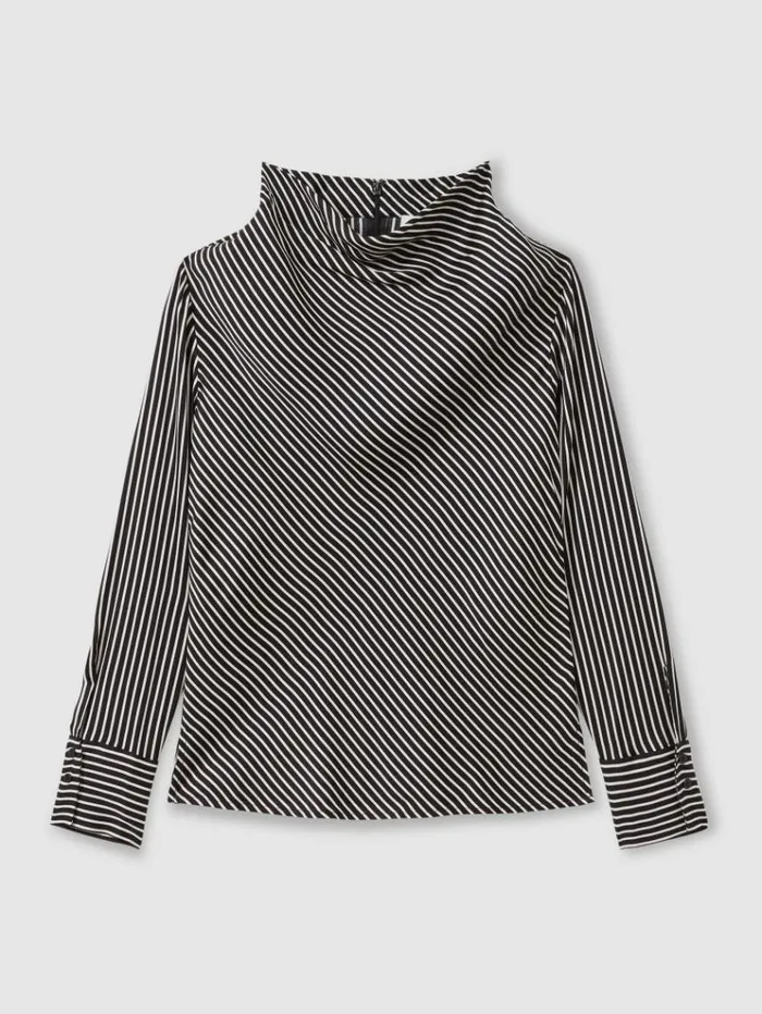 REISS Tops Women Striped Cowl Neck Top Black