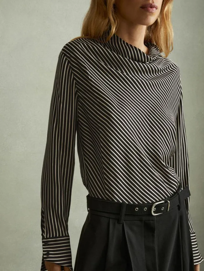 REISS Tops Women Striped Cowl Neck Top Black