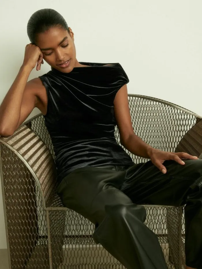 REISS Tops Women Velvet Drape OffShoulder Top Black