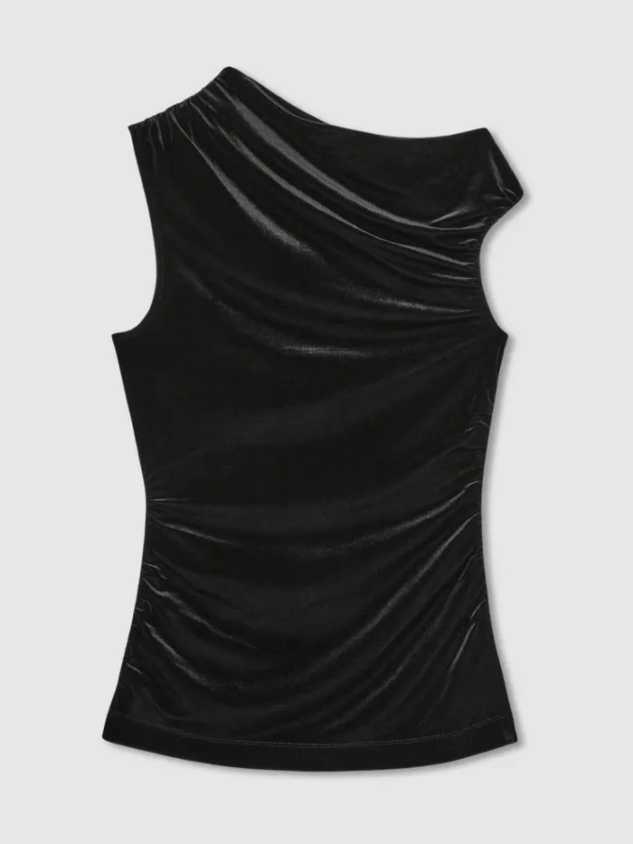REISS Tops Women Velvet Drape OffShoulder Top Black