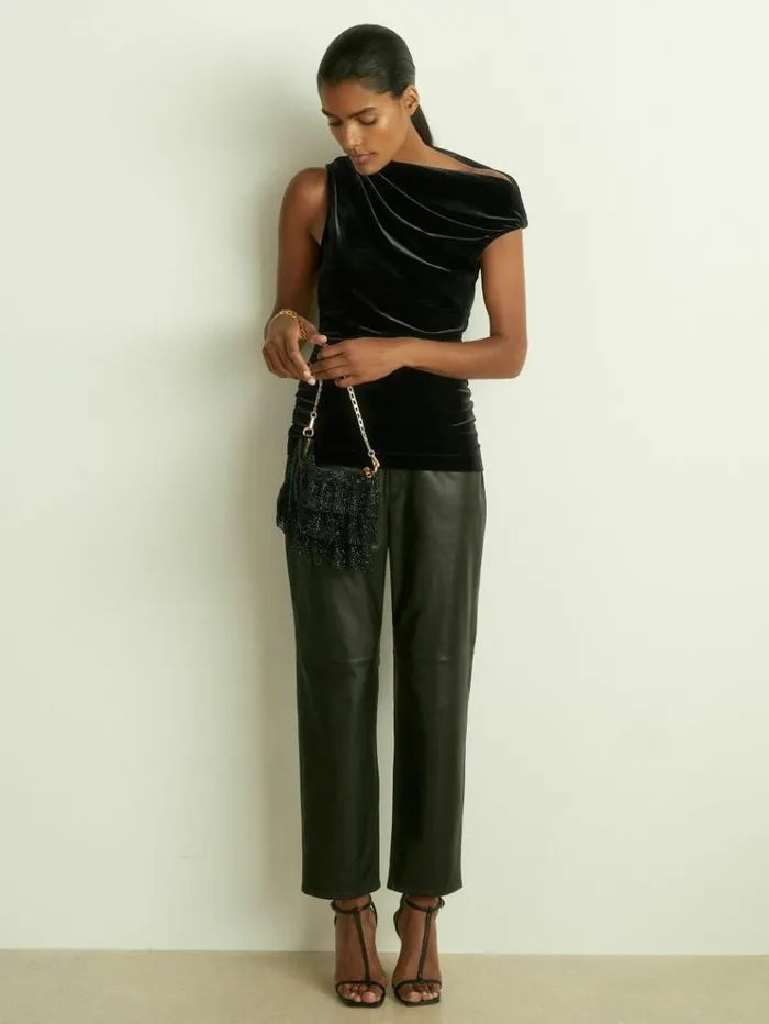 REISS Tops Women Velvet Drape OffShoulder Top Black