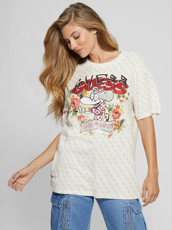 Rhinestone Mouse Graphic Tee Tan Quattro Print Tops GUESS Women