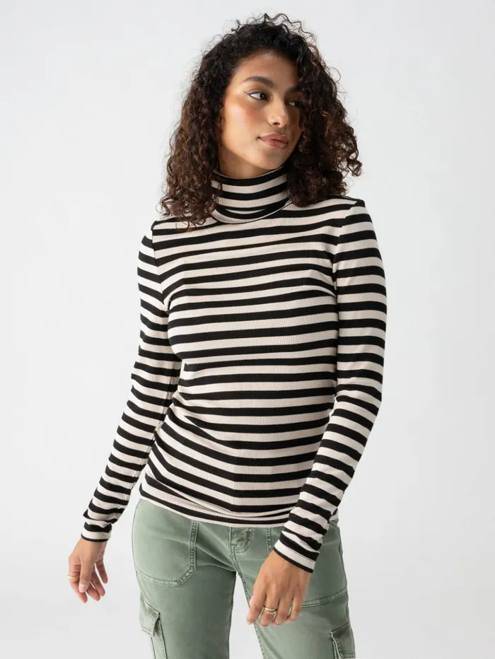 Sanctuary Clothing Sweaters and Cardis Women Essential Turtleneck Top Toasted Almond Black Mini Stripe Sanctuary Clothing Sweaters and Cardis Women Essential Turtleneck Top Toasted Almond Black Mini Stripe