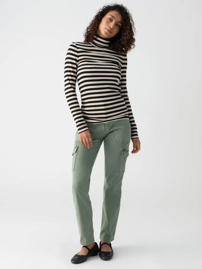 Sanctuary Clothing Sweaters and Cardis Women Essential Turtleneck Top Toasted Almond Black Mini Stripe Sanctuary Clothing Sweaters and Cardis Women Essential Turtleneck Top Toasted Almond Black Mini Stripe
