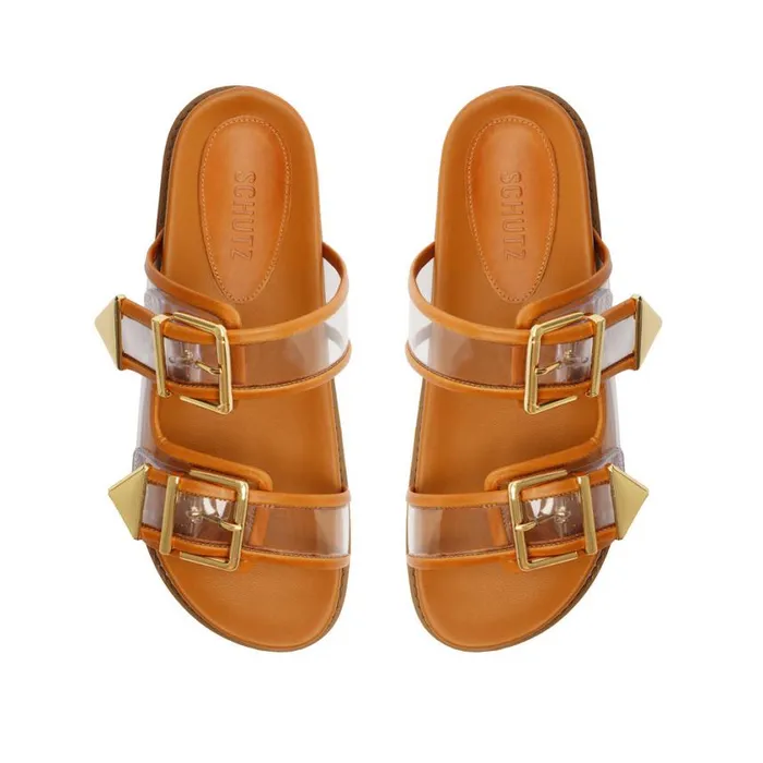 Schutz Shoes Flats Naomi Sporty Vinyl and Metallic Sandal Brown 8211 Women