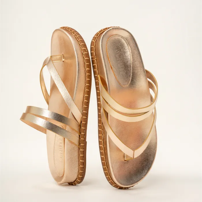 Schutz Shoes Flats Rania Sporty Metallic Leather Sandal Gold 8211 Women
