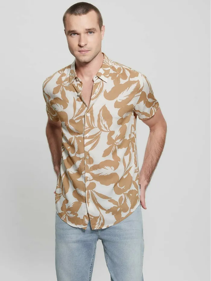 Shirts Eco Rayon Retro Palm Shirt Retro Palm Tan GUESS Men