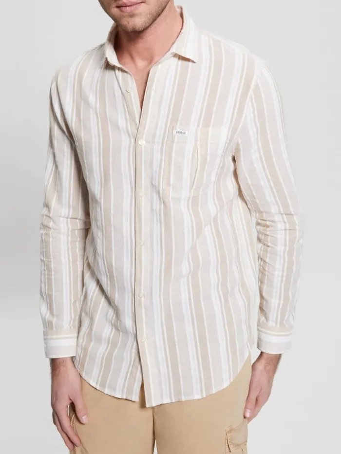 Shirts Men GUESS Collins Striped Pocket Shirt Beige Slub Stripe Shirts Men GUESS Collins Striped Pocket Shirt Beige Slub Stripe