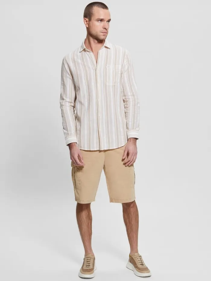 Shirts Men GUESS Collins Striped Pocket Shirt Beige Slub Stripe Shirts Men GUESS Collins Striped Pocket Shirt Beige Slub Stripe