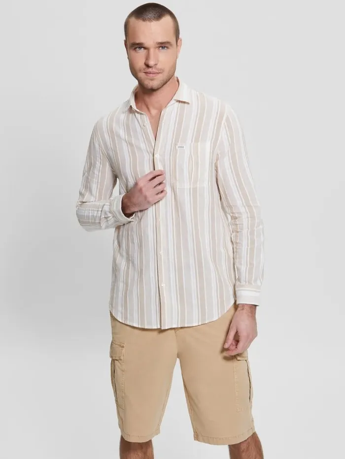 Shirts Men GUESS Collins Striped Pocket Shirt Beige Slub Stripe Shirts Men GUESS Collins Striped Pocket Shirt Beige Slub Stripe
