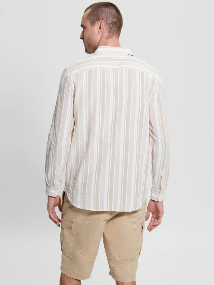 Shirts Men GUESS Collins Striped Pocket Shirt Beige Slub Stripe Shirts Men GUESS Collins Striped Pocket Shirt Beige Slub Stripe