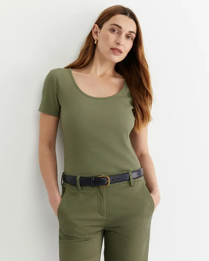 Sportscraft Allie Scoop Rib Tee Khaki Women Tops and Tees