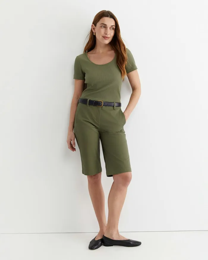 Sportscraft Allie Scoop Rib Tee Khaki Women Tops and Tees