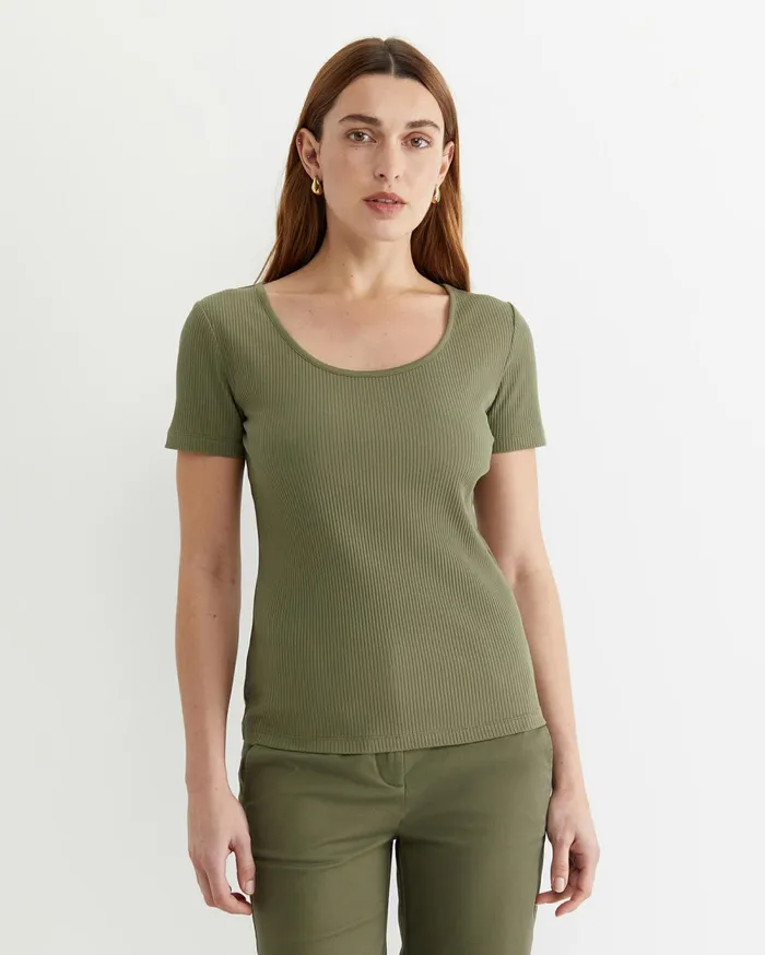 Sportscraft Allie Scoop Rib Tee Khaki Women Tops and Tees