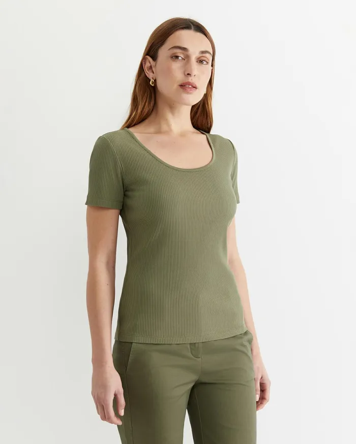 Sportscraft Allie Scoop Rib Tee Khaki Women Tops and Tees