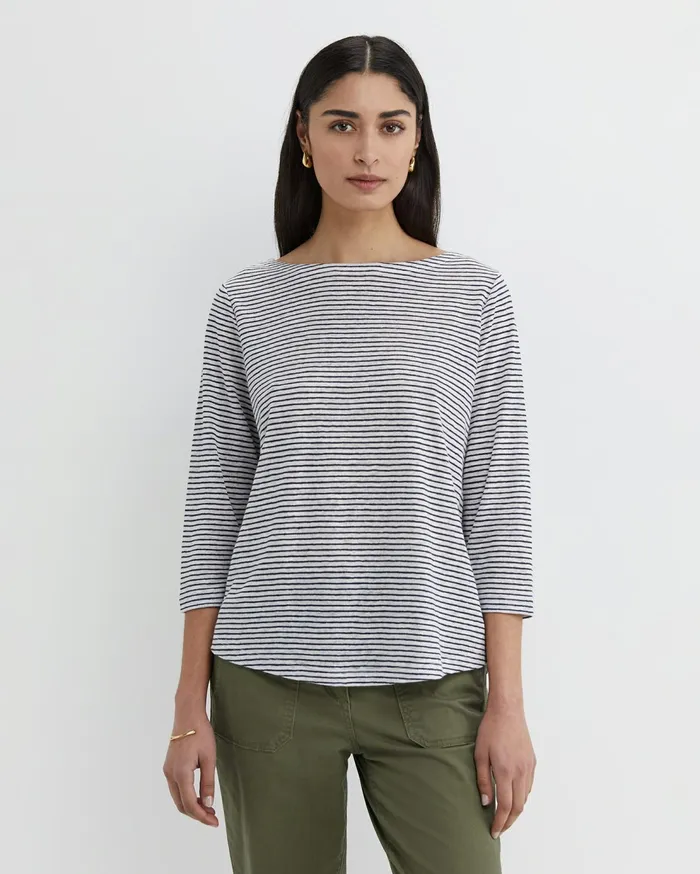 Sportscraft Cecile Linen Top Whitenavy Women Tops and Tees