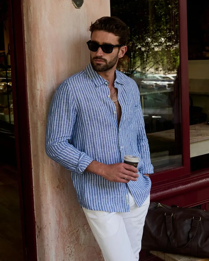 Sportscraft Chalmers Long Sleeve Stripe Linen Shirt Bluewhite Men Shirts
