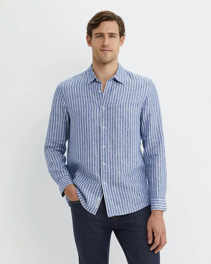 Sportscraft Chalmers Long Sleeve Stripe Linen Shirt Bluewhite Men Shirts