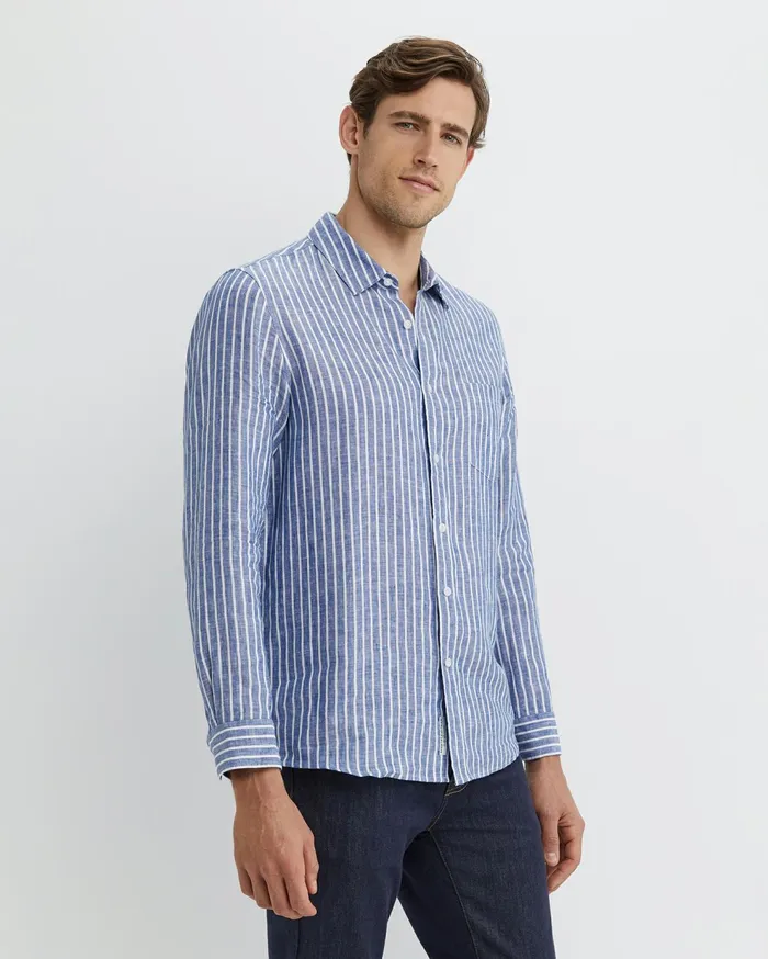 Sportscraft Chalmers Long Sleeve Stripe Linen Shirt Bluewhite Men Shirts