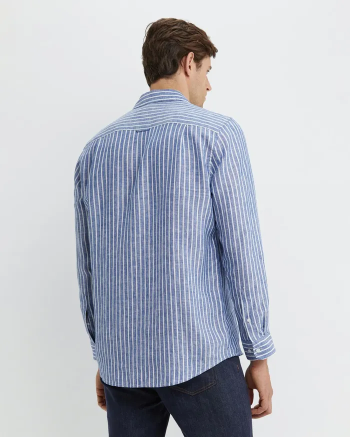 Sportscraft Chalmers Long Sleeve Stripe Linen Shirt Bluewhite Men Shirts