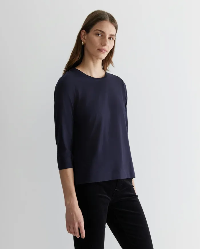Sportscraft Cotton Crew 3 Quarter Sleeve TShirt Navy Women Tops and Tees