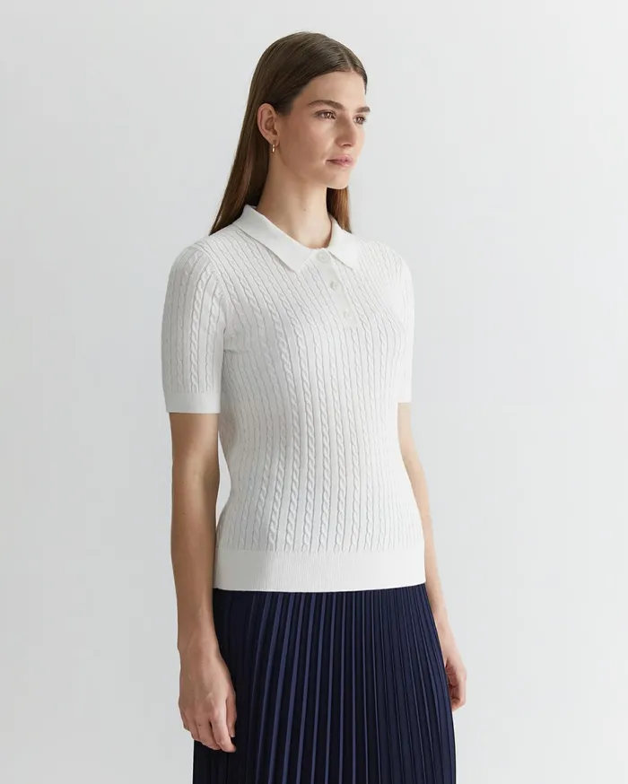 Sportscraft Elka Cable Polo White Women Tops and Tees