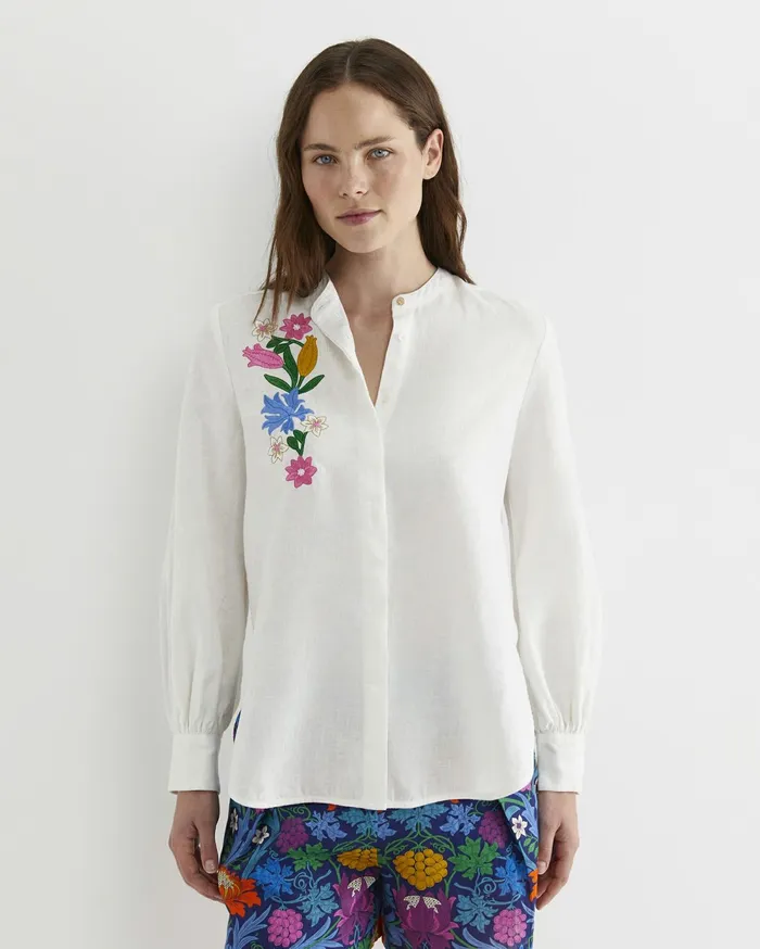Sportscraft Josephine Embroidered Long Sleeve Linen Shirt White Women Shirts