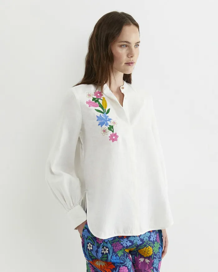Sportscraft Josephine Embroidered Long Sleeve Linen Shirt White Women Shirts