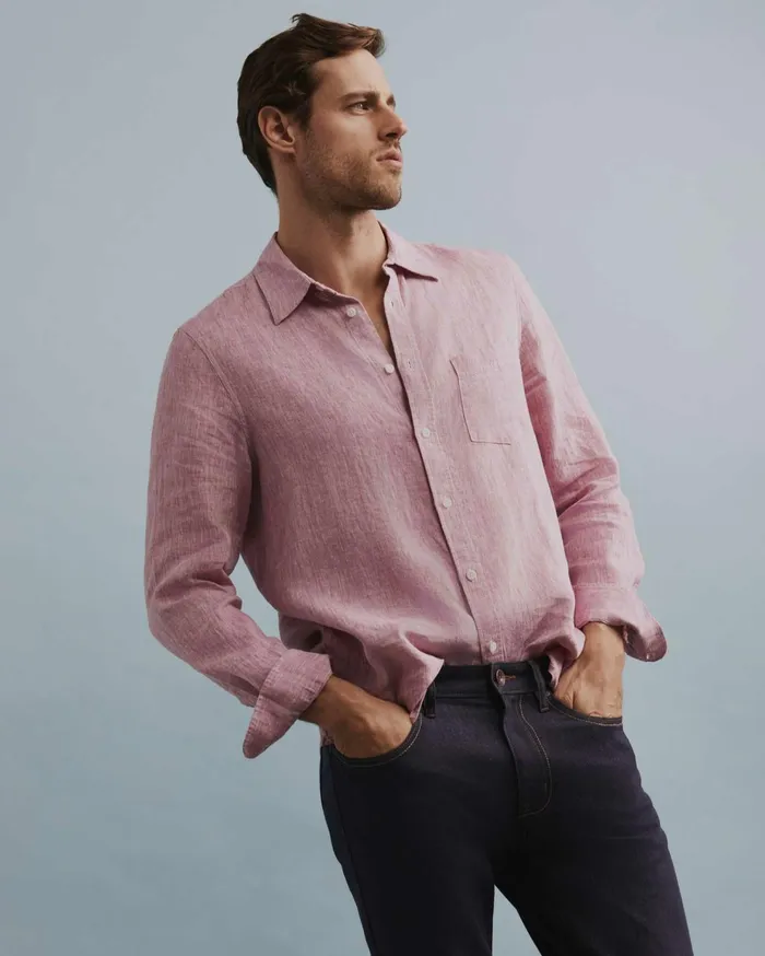 Sportscraft Long Sleeve Linen Shirt Dark Pink Men Shirts