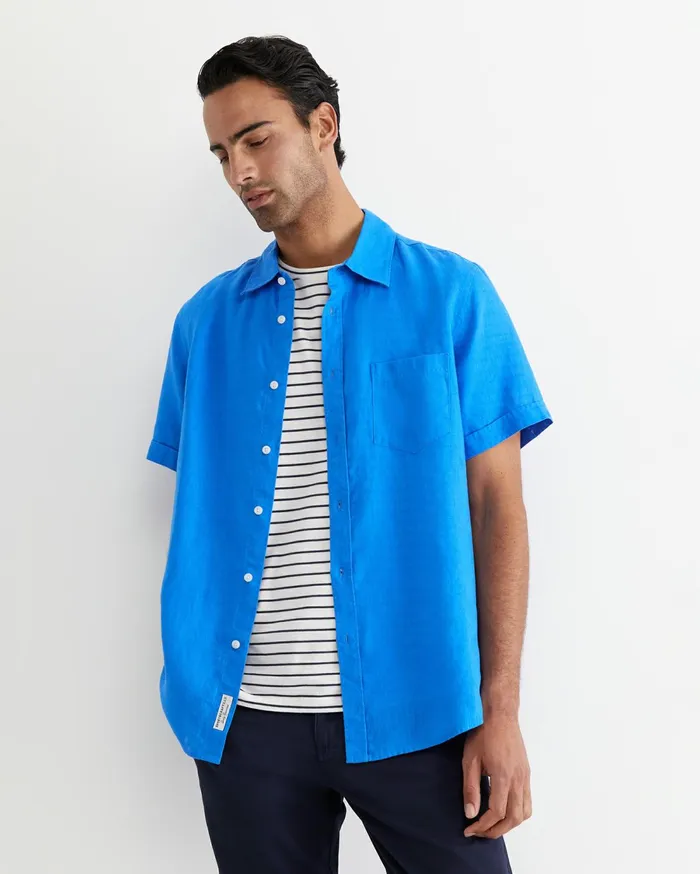 Sportscraft Short Sleeve Linen Shirt Cobalt Men Shirts