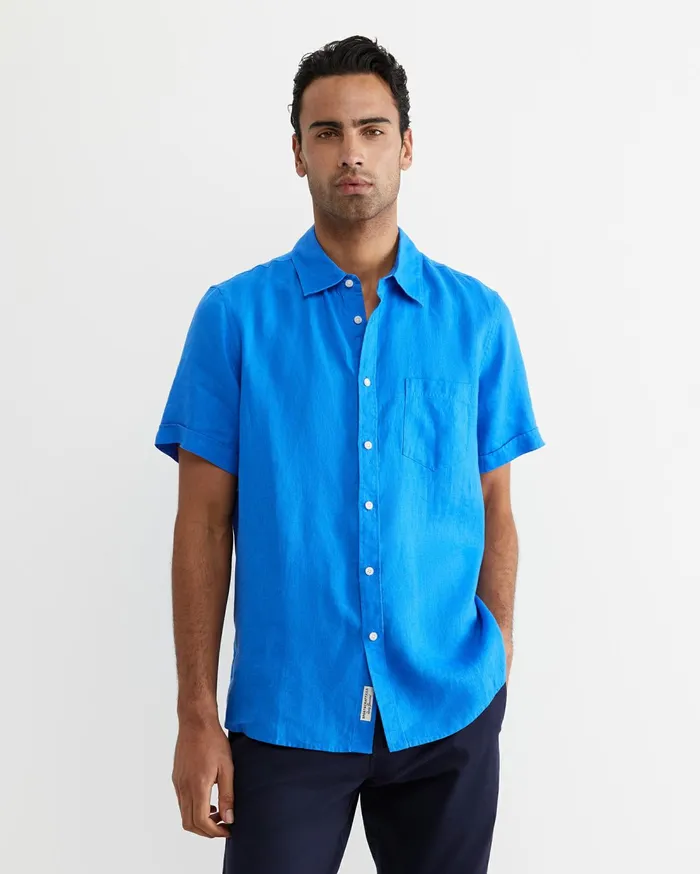 Sportscraft Short Sleeve Linen Shirt Cobalt Men Shirts