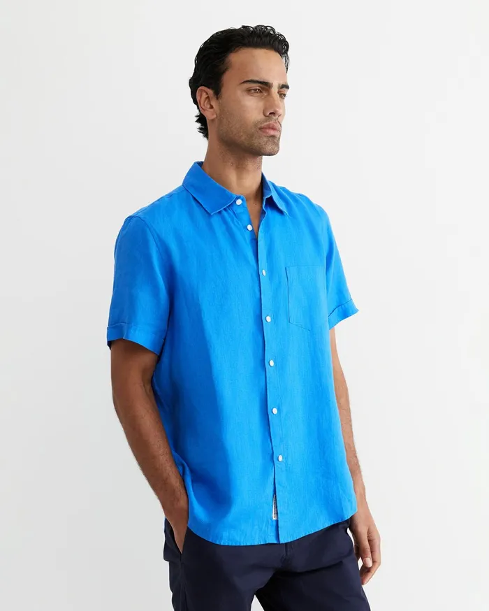 Sportscraft Short Sleeve Linen Shirt Cobalt Men Shirts