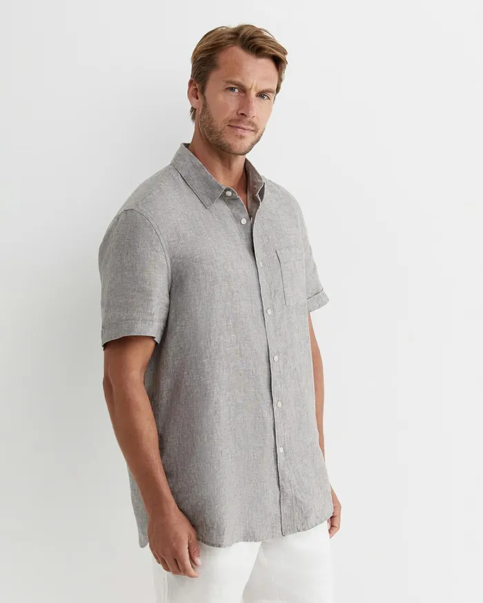 Sportscraft Short Sleeve Linen Shirt Grey Men Shirts