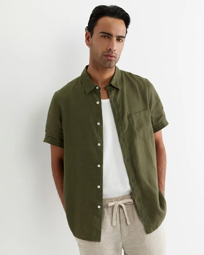 Sportscraft Short Sleeve Linen Shirt Khaki Men Shirts