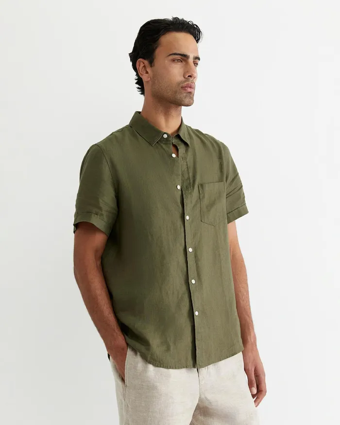 Sportscraft Short Sleeve Linen Shirt Khaki Men Shirts