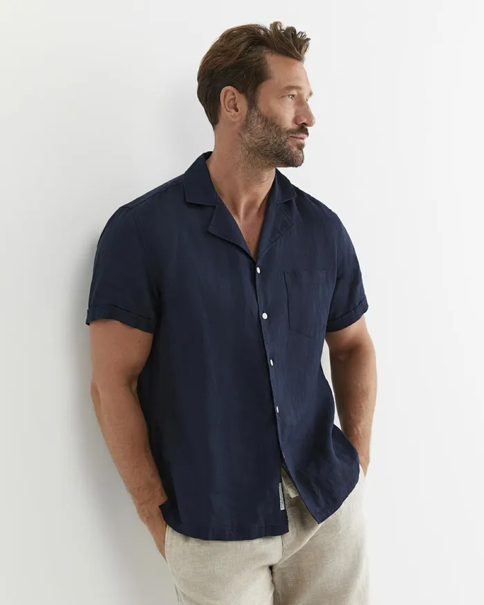 Sportscraft Short Sleeve Stanton Linen Shirt Navy Men Shirts