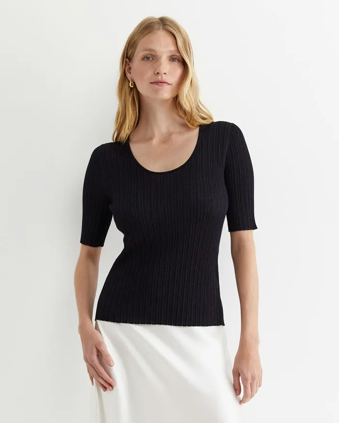 Sportscraft Sparkling Rib Knit Tee Navy Women Knits and Cardigans