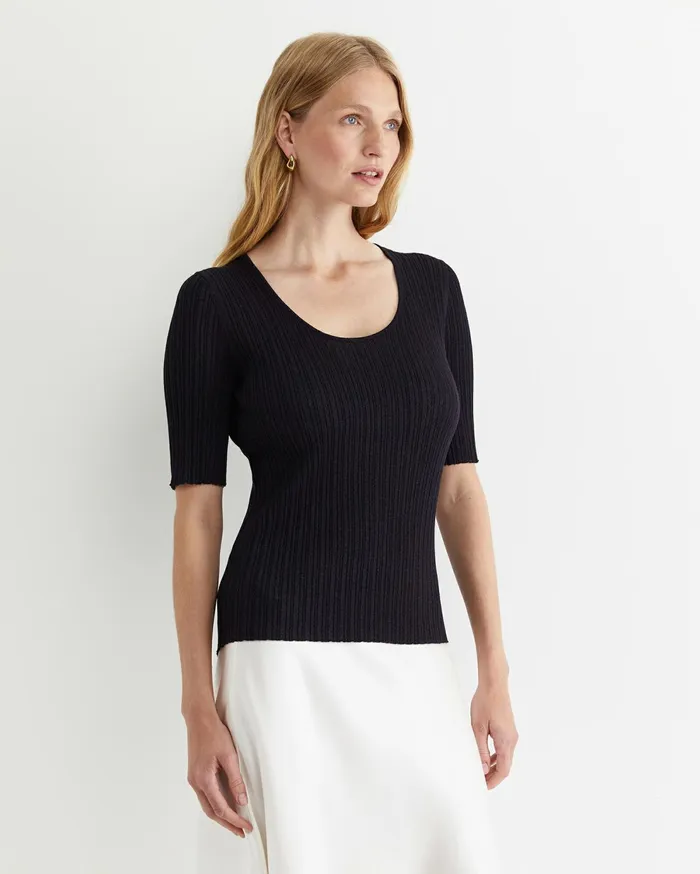 Sportscraft Sparkling Rib Knit Tee Navy Women Knits and Cardigans