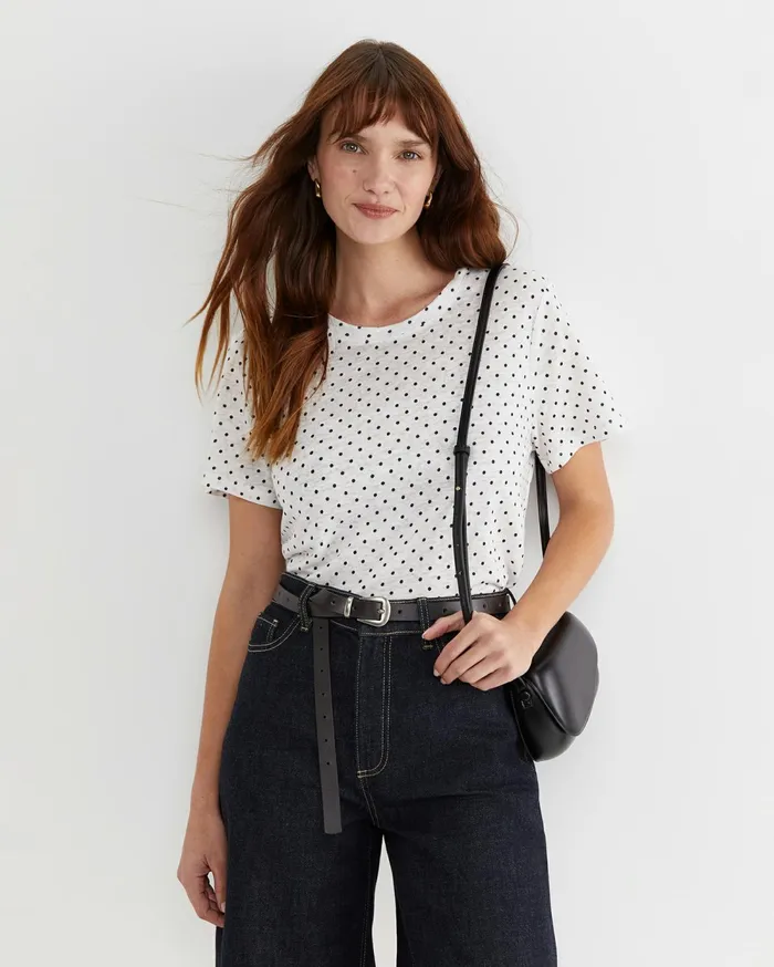 Sportscraft Tonia Spot Linen Tee Whitenavy Women Tops and Tees