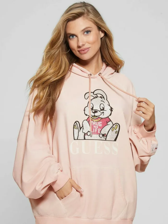 Sweaters and Knits GUESS Women Rhinestone Bunny Graphic Hoodie Smooth Pink Multi Sweaters and Knits GUESS Women Rhinestone Bunny Graphic Hoodie Smooth Pink Multi