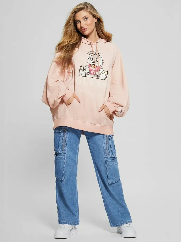 Sweaters and Knits GUESS Women Rhinestone Bunny Graphic Hoodie Smooth Pink Multi
