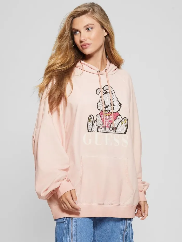 Sweaters and Knits GUESS Women Rhinestone Bunny Graphic Hoodie Smooth Pink Multi