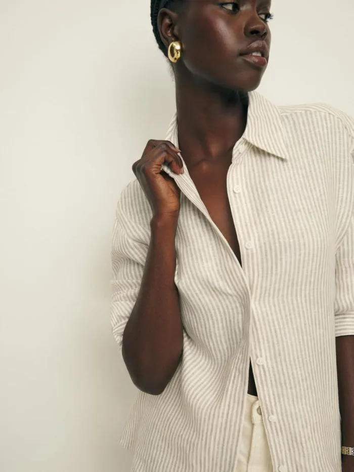 The Reformation Andy Oversized Linen Shirt Sandy Stripe 8211 Clothing