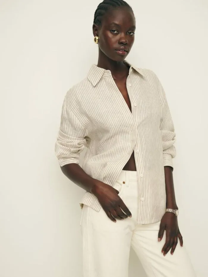 The Reformation Andy Oversized Linen Shirt Sandy Stripe 8211 Clothing
