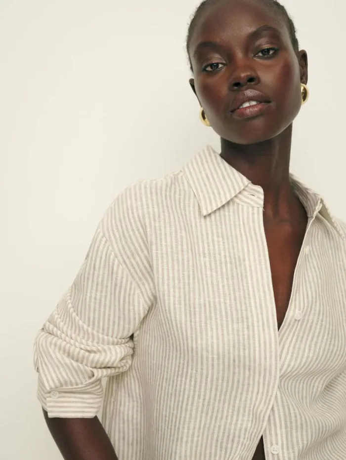 The Reformation Andy Oversized Linen Shirt Sandy Stripe 8211 Clothing