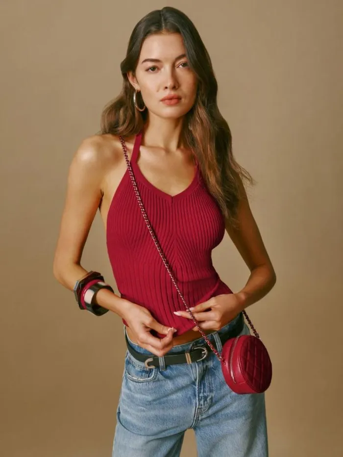 The Reformation Delia Ribbed Halter Top Lipstick 8211 Clothing
